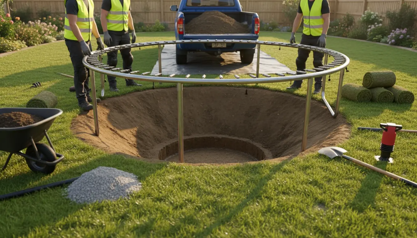 Delvist nedgravet rund trampolin på 4 m i en baghave med jord, værktøj og trailer til bortkørsel af jord.