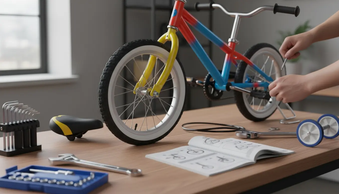 Hænder samler en børnecykel med hjul, styr og sadel på et lyst værksted.