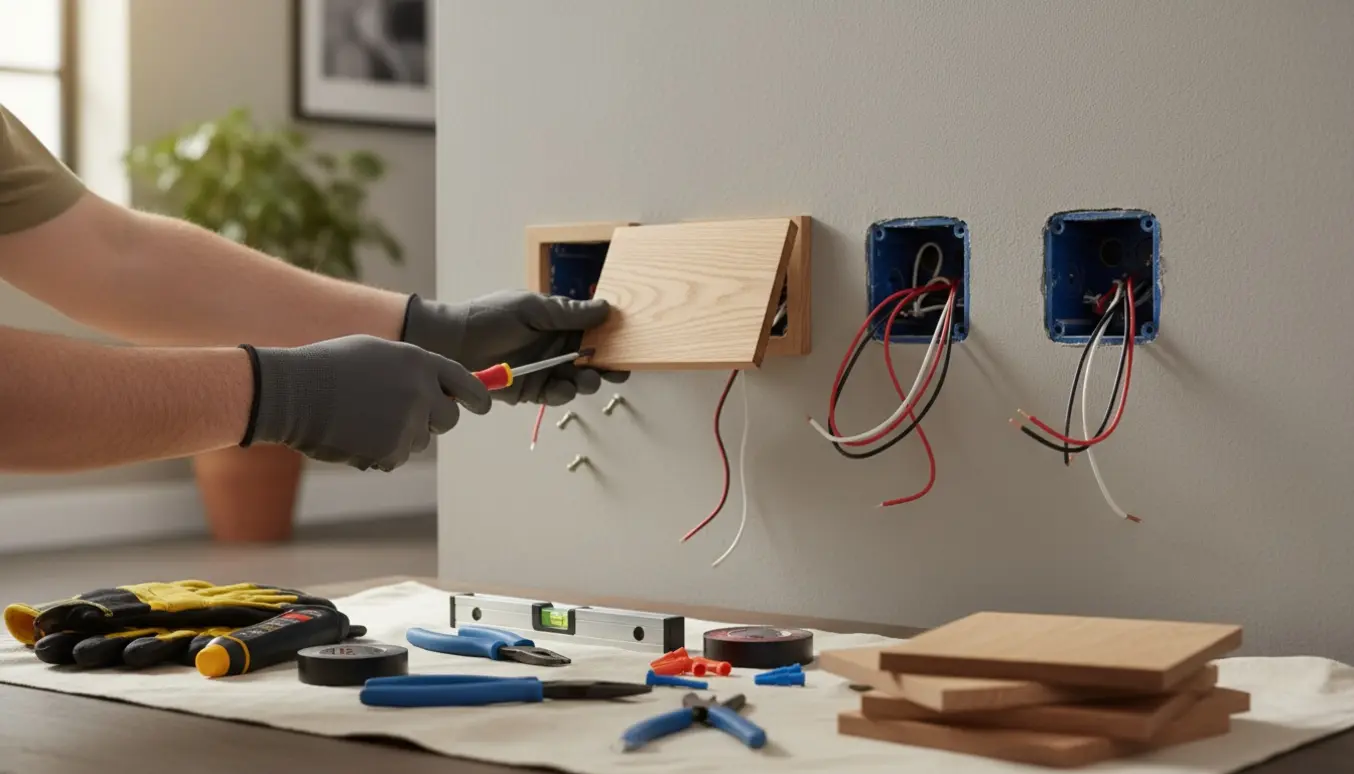 Hænder monterer nye trærammer på udskårne stikkontakter i et lyst boliginteriør med værktøj og eksponerede ledninger.