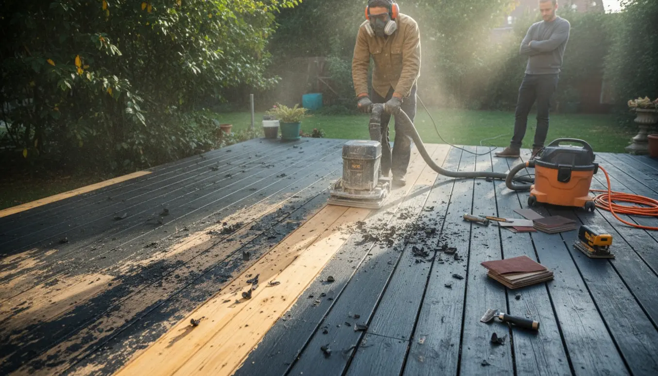 Håndværker set bagfra sliber en sortmalet, ældre trykimprægneret træterrasse og afslører et før-og-efter område.