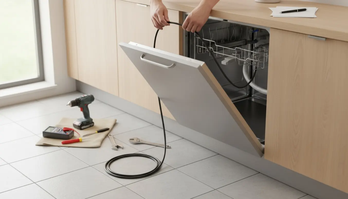 Opvaskemaskine under køkkenbord ved installation med kabel, vandtilslutninger og varmefolie synlige.