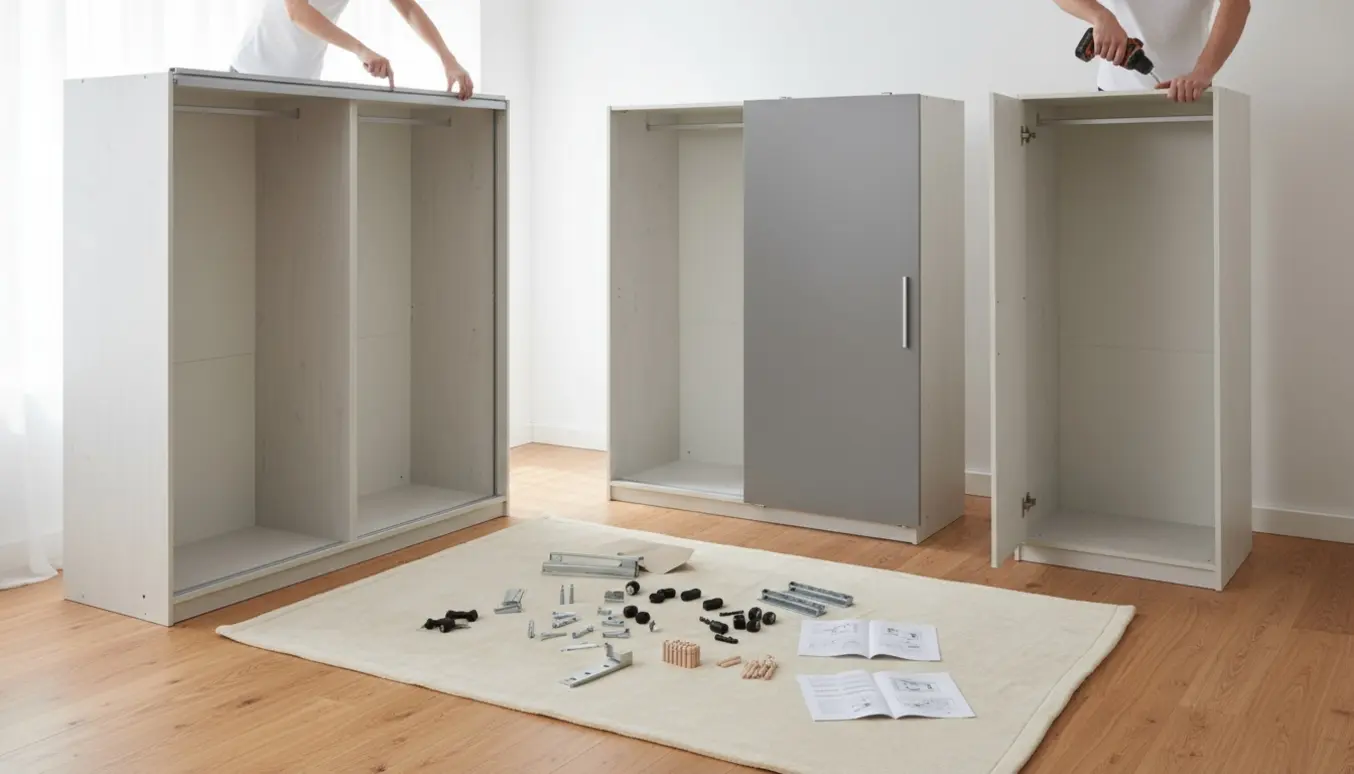 Tre garderobeskabe i forskellige samlingsfaser med skydedørsbeslag og værktøj i et lyst værelse.