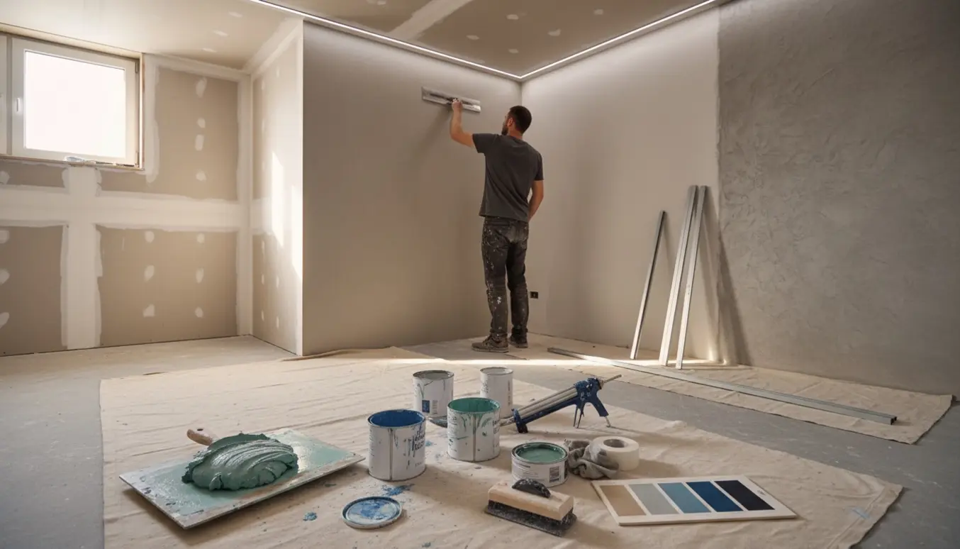 Kælderrenovering med maler, der glatter microcementvæg, værktøj og farveprøver i forgrunden.