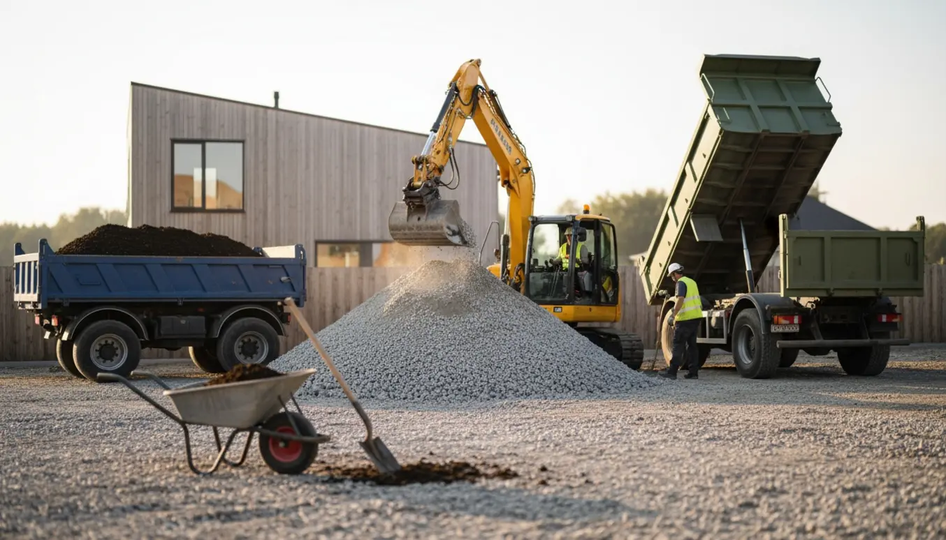 Gravemaskine fjerner stor bunke grus fra en parcelgrund, mens en lastbil leverer nyt muldjord.