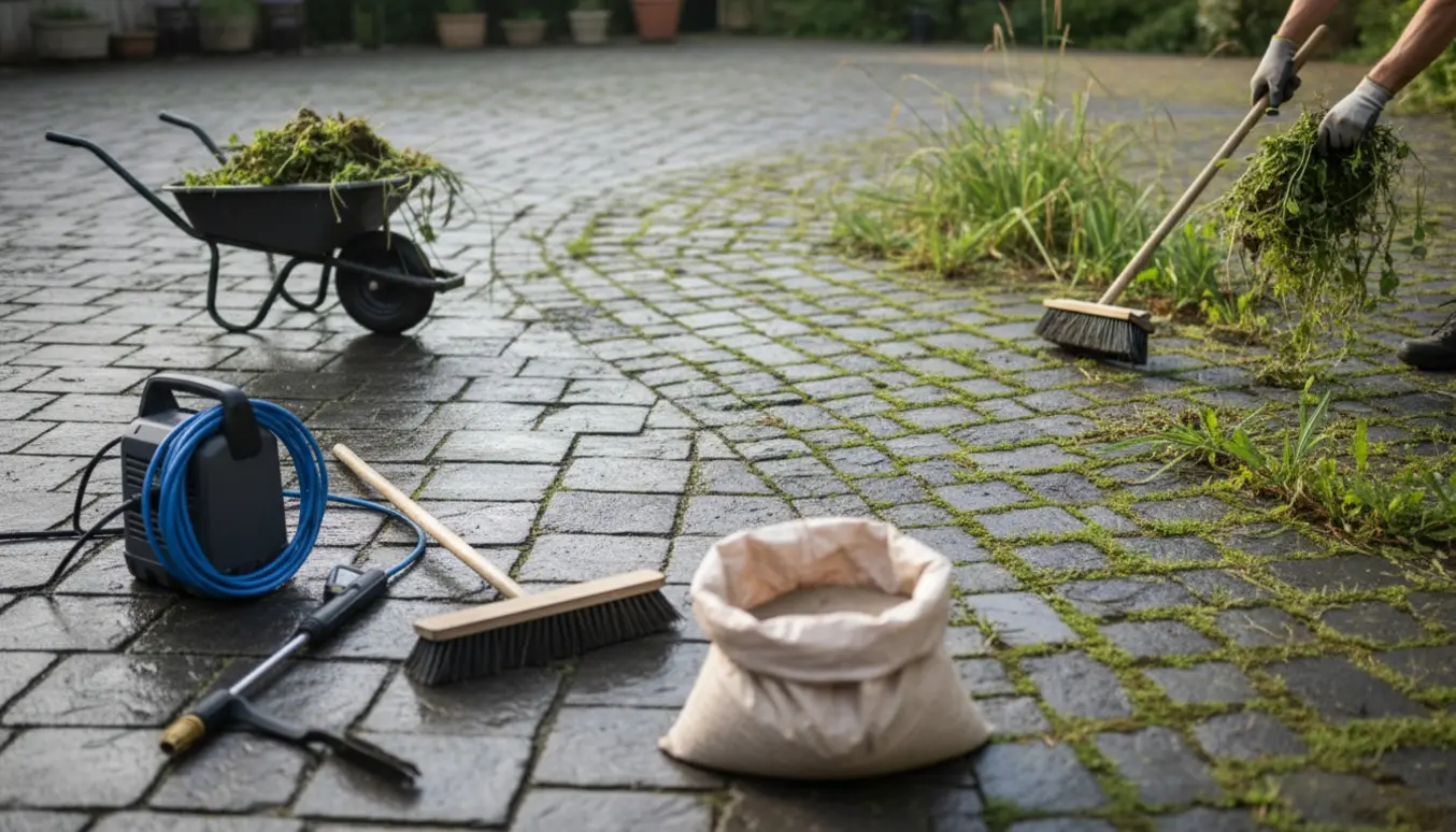 Stor fliseplads hvor ukrudt fjernes med kost, højtryksspuler og rive, med en tydelig forskel mellem rene og ukrudtede fliser.