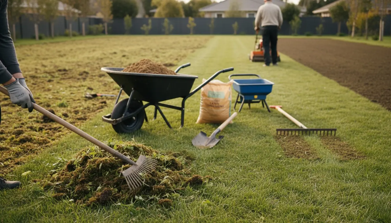 Stor græsplæne hvor mos rives væk, eftersås og afrettes med topdressing.