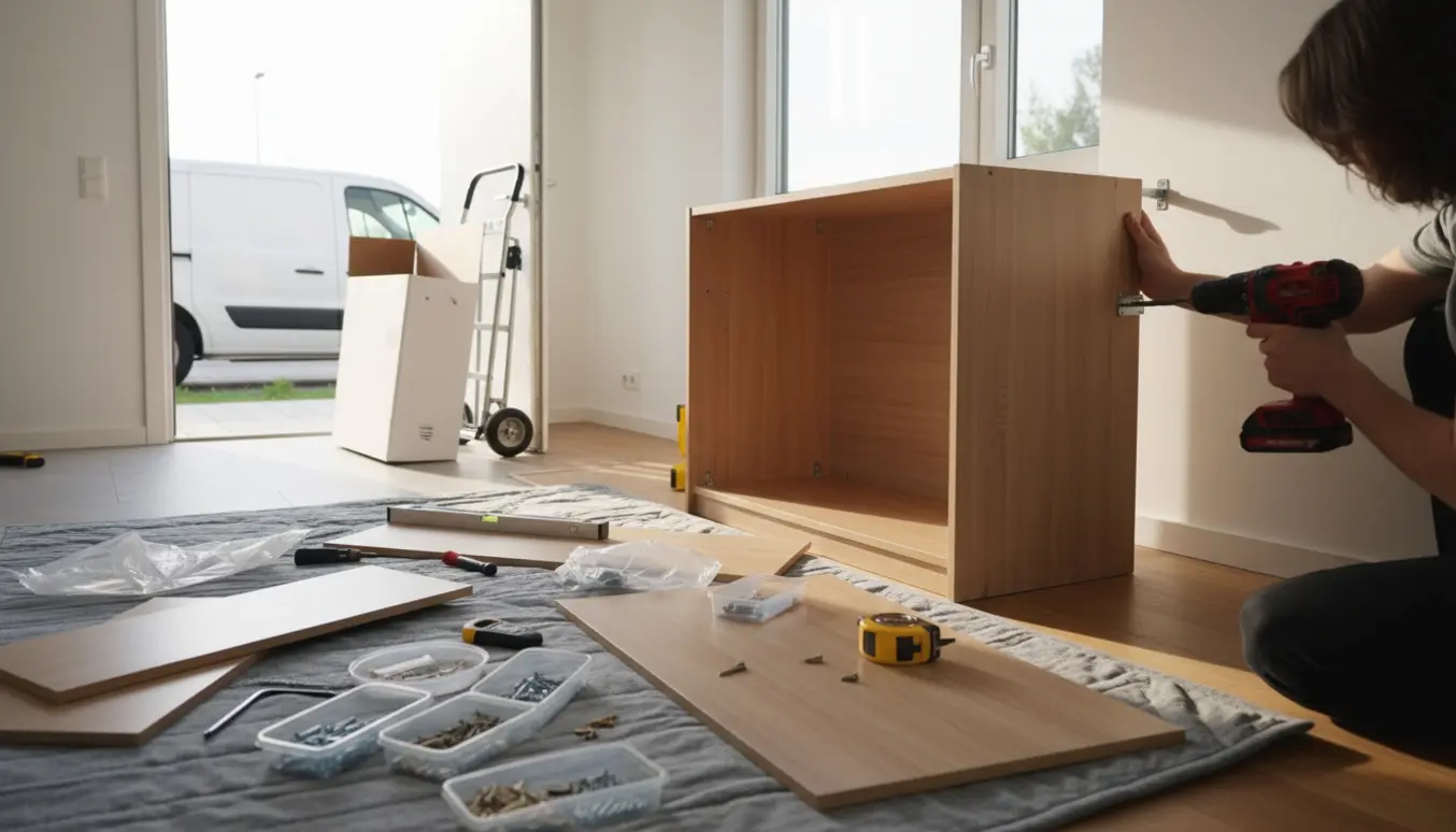 En person samler og monterer et fladt pakkeskab i stueetagen med værktøj og åbent indgangsparti.