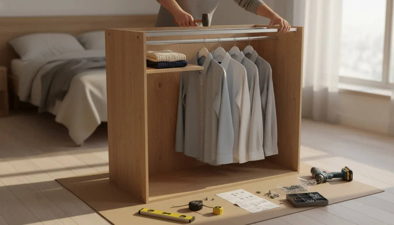 Delvist samlet Hauga garderobeskab med skydedøre, værktøj og hylde i et lyst soveværelse.