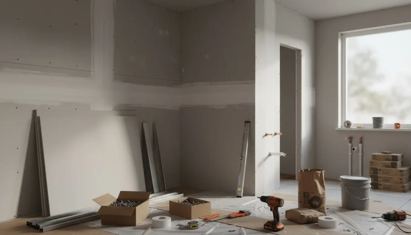 Rå gipsvæg i hjørne af nyt badeværelse med døråbning og værktøj klar før støbning.