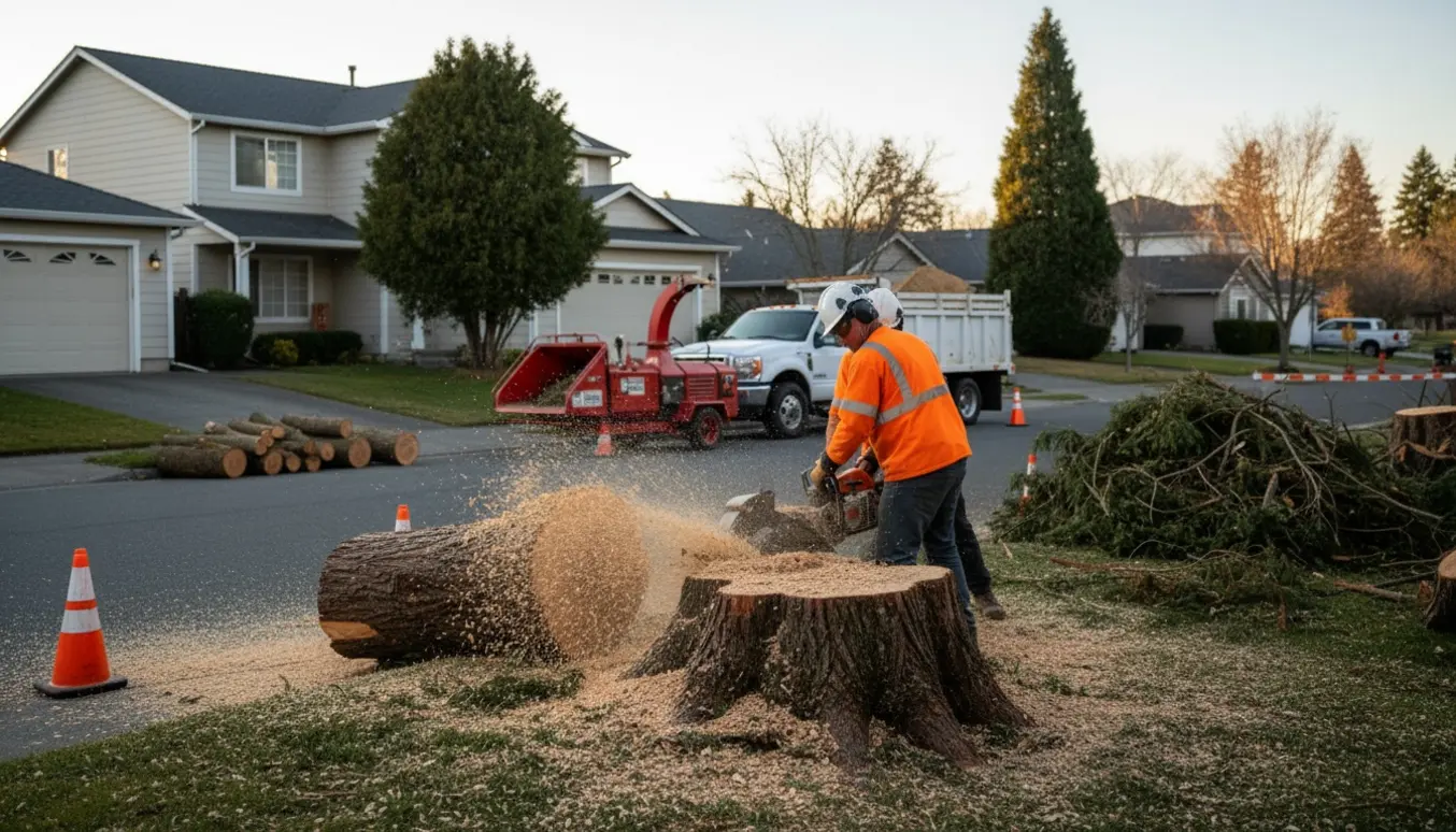 Fældning af en gran ved vejen og stubfræsning af en cypres tæt på huset med maskiner og træflis.