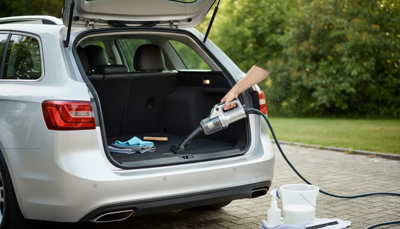 Solbelyst stationcar med åben bagklap, hvor bagagerum og sæder bliver grundigt støvsuget og rengjort.