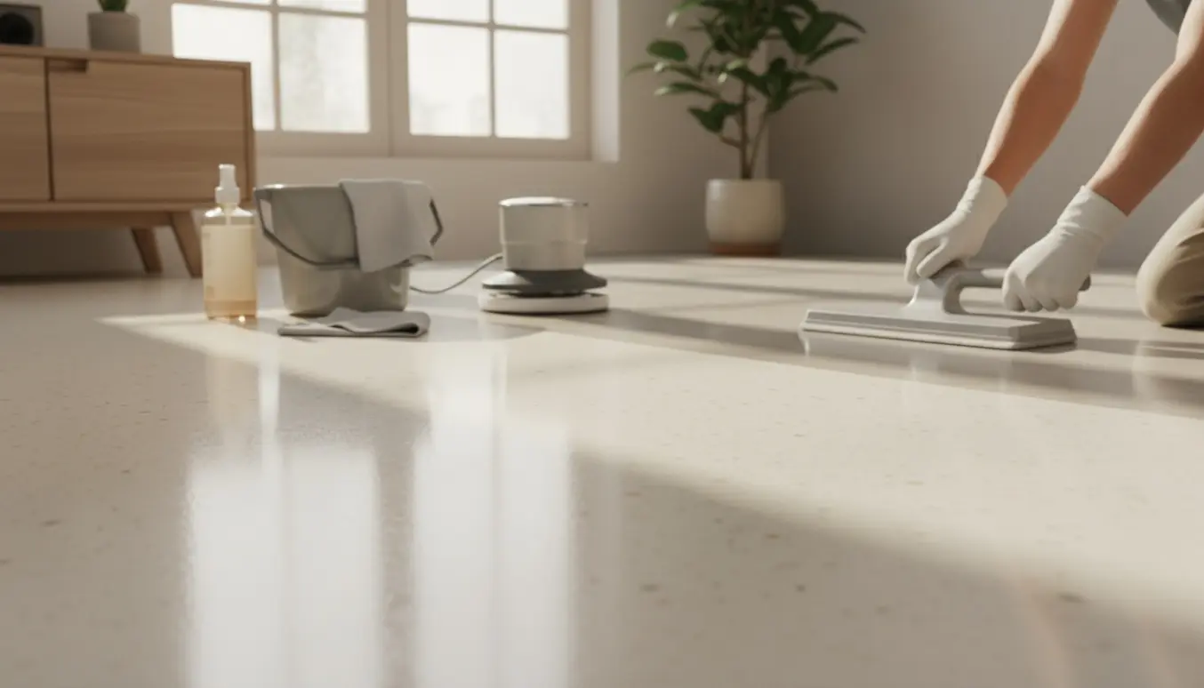Hænder pudser og plejer et linoleumsgulv i et lyst rum med rengøringsudstyr.