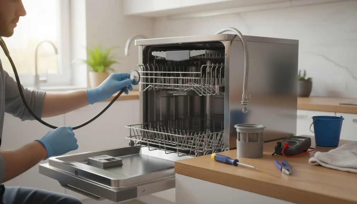 Tekniker undersøger en åben kompakt opvaskemaskine med værktøj og afmonterede dele på køkkenbordet.