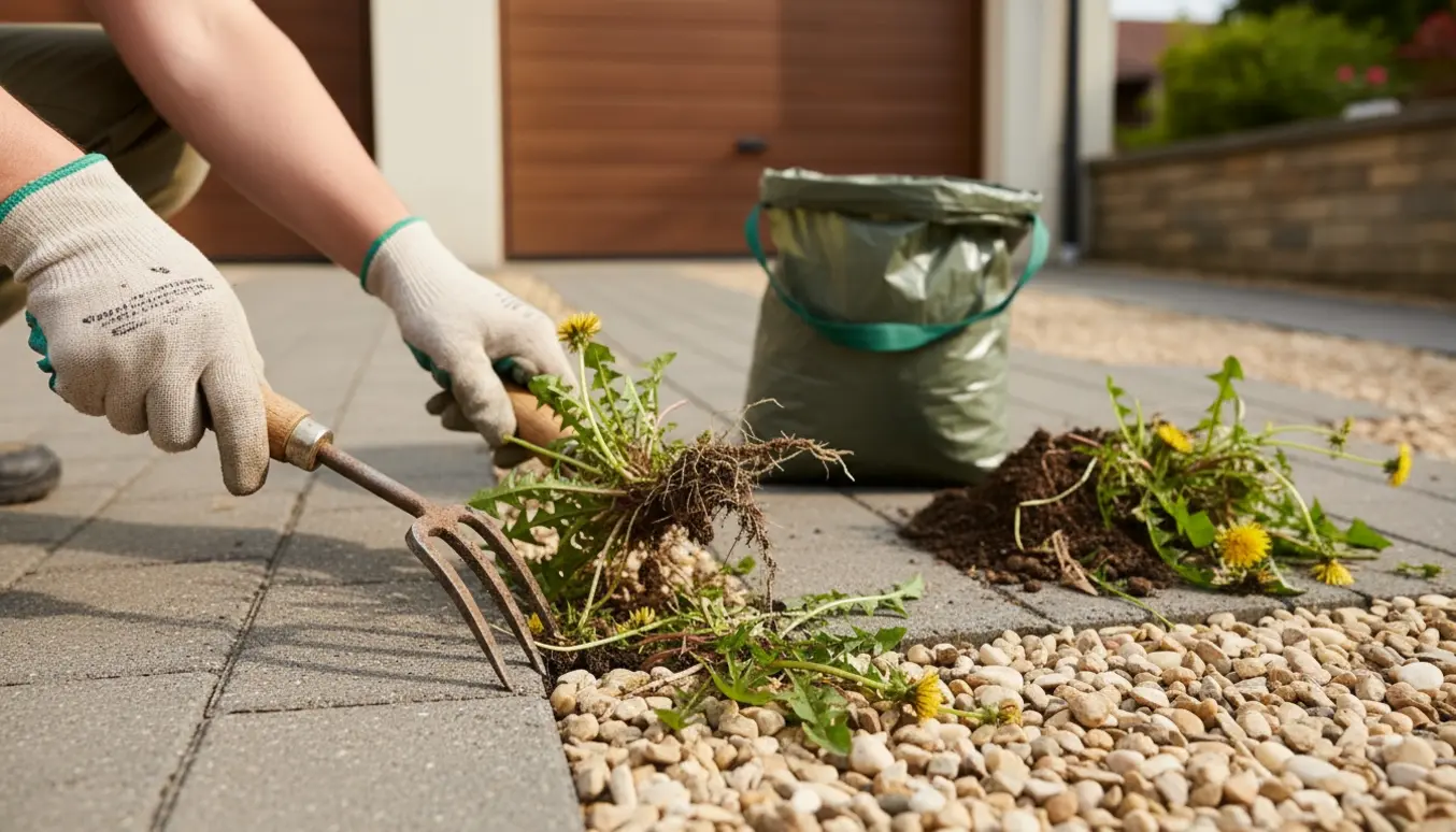 Hænder i handsker luger mælkebøtter og ukrudt mellem fliser og løse sten i en indkørsel.
