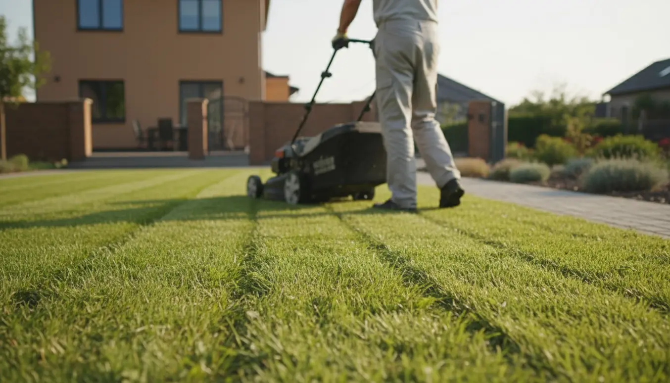 Person slår græs i en lille, flad for- og baghave med en plæneklipper på en solrig dag.