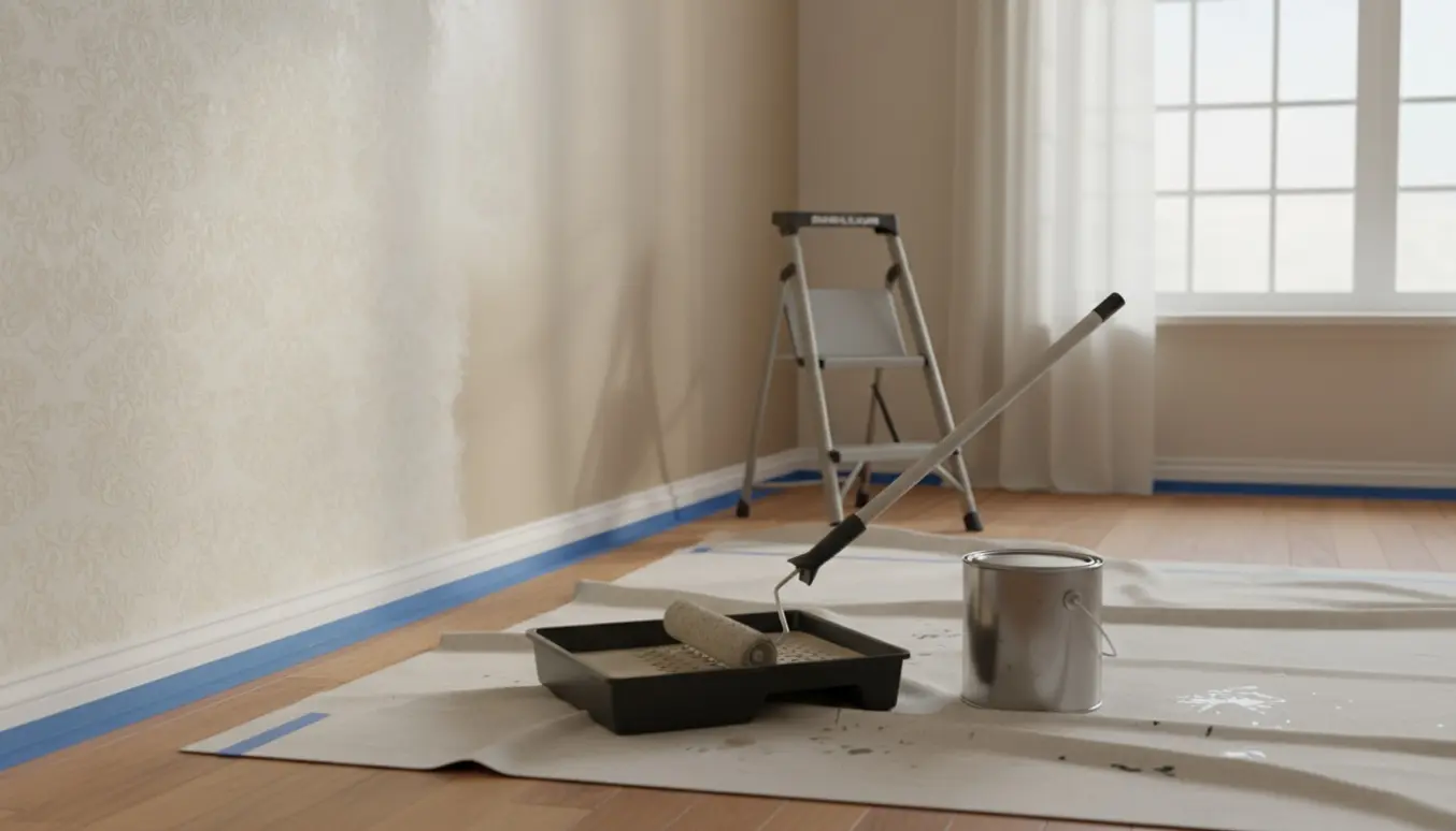 Halvt malet væg med glat tapet, malerulle, malerbøtte og afdækningsdug i et lyst rum.