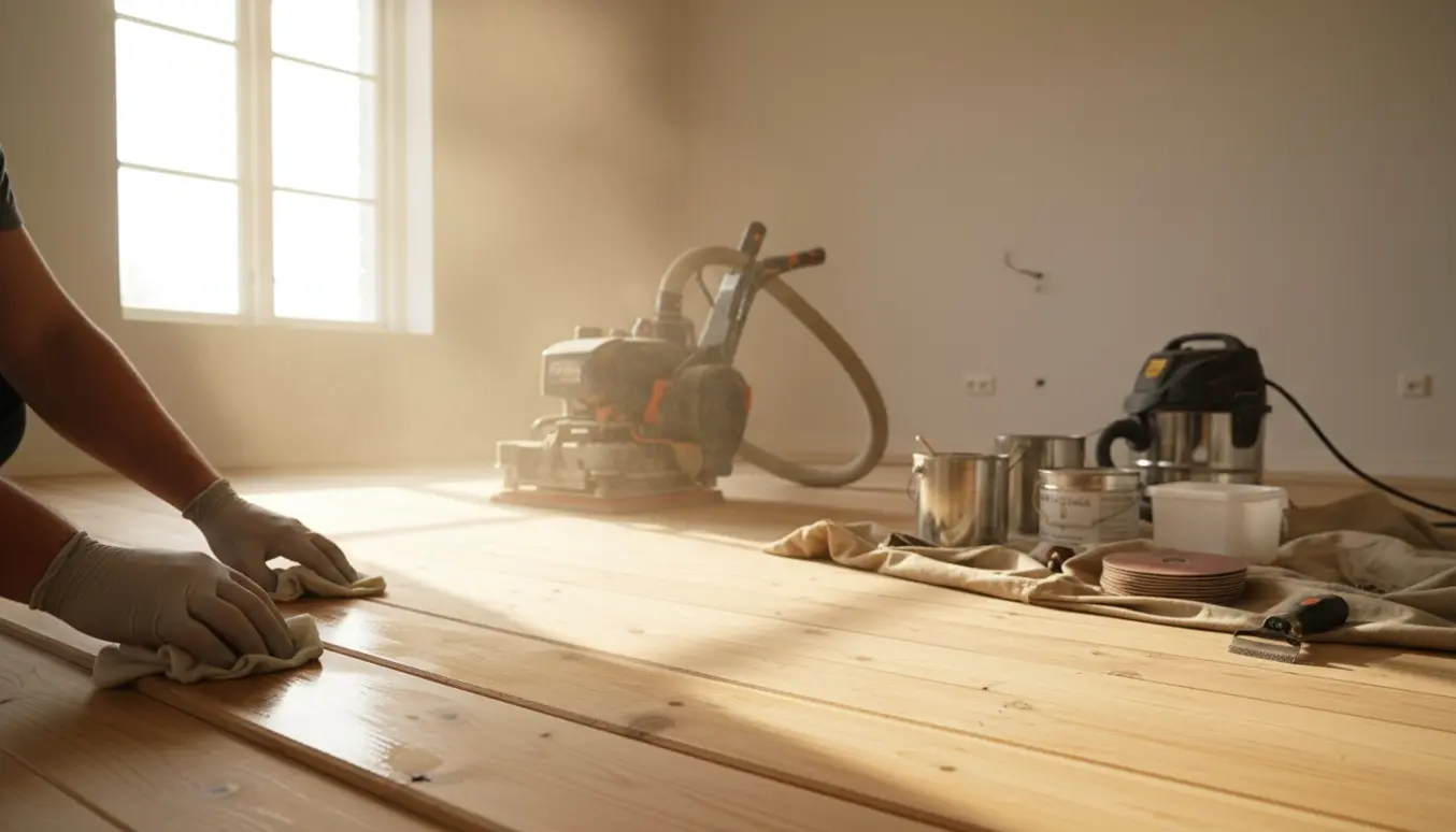Nylagt fyrretræsplanke-gulv, hvor hænder sliber og påfører olie i naturligt dagslys.