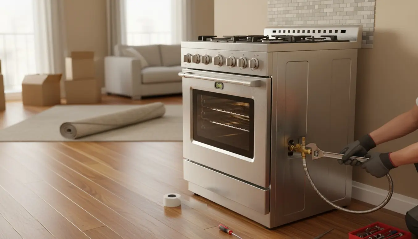 Et rustfrit gaskomfur med elovn under installation i en åben lejlighed, hvor hænder tilslutter en fleksibel gastilslutning.