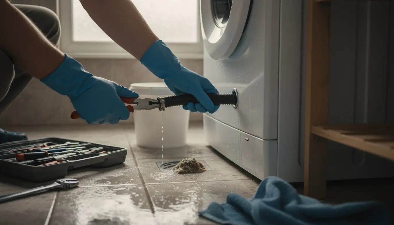 Hænder genmonterer en afløbsslange på en vaskemaskine mens vand løber på flisegulvet, med spand og værktøj ved siden af.