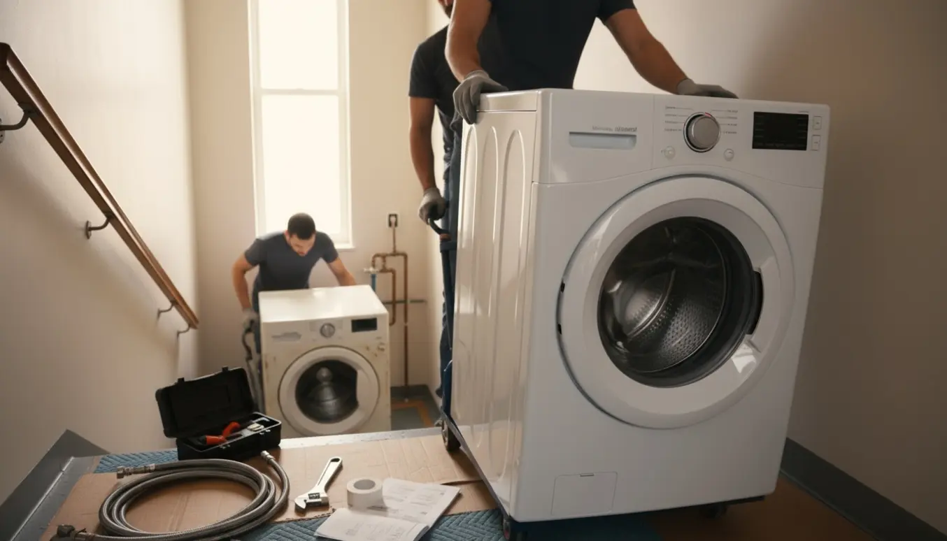 Ny vaskemaskine bæres op ad trappen mod en lejlighed, mens den gamle bæres ned og installationsværktøj ligger klar.