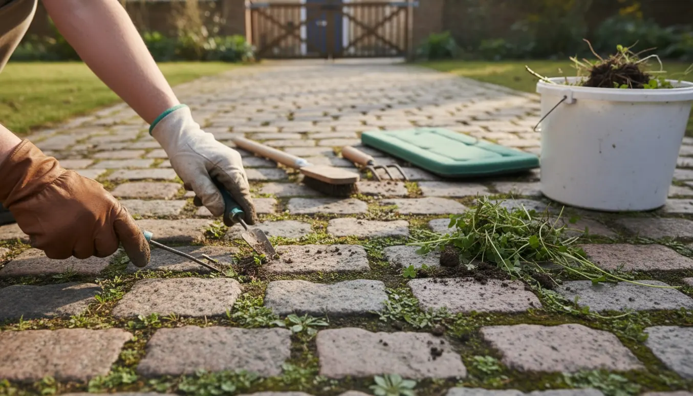 Ukrudt bliver fjernet mellem brosten på en havegang, med redskaber og en spand ved siden af.