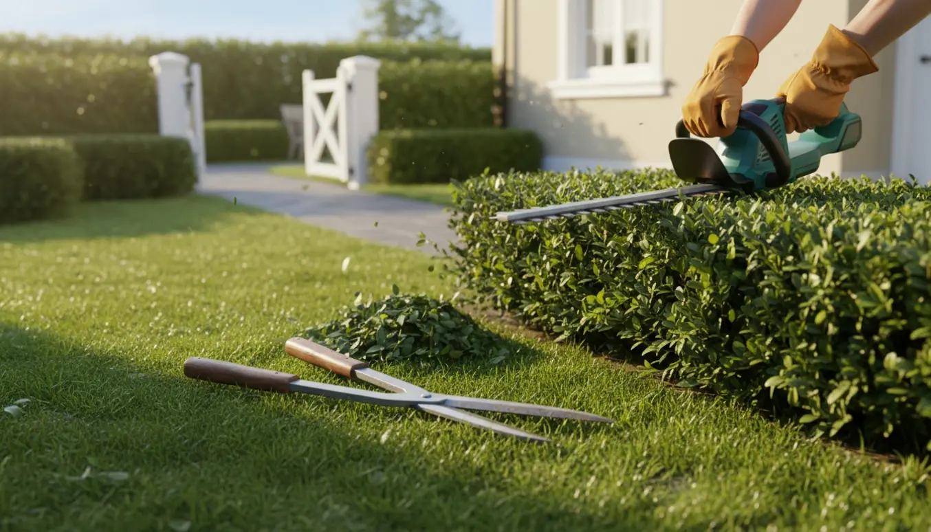 Nærbillede af hækkeklipper og hækkesaks, mens en lille hæk klippes i en solrig have.
