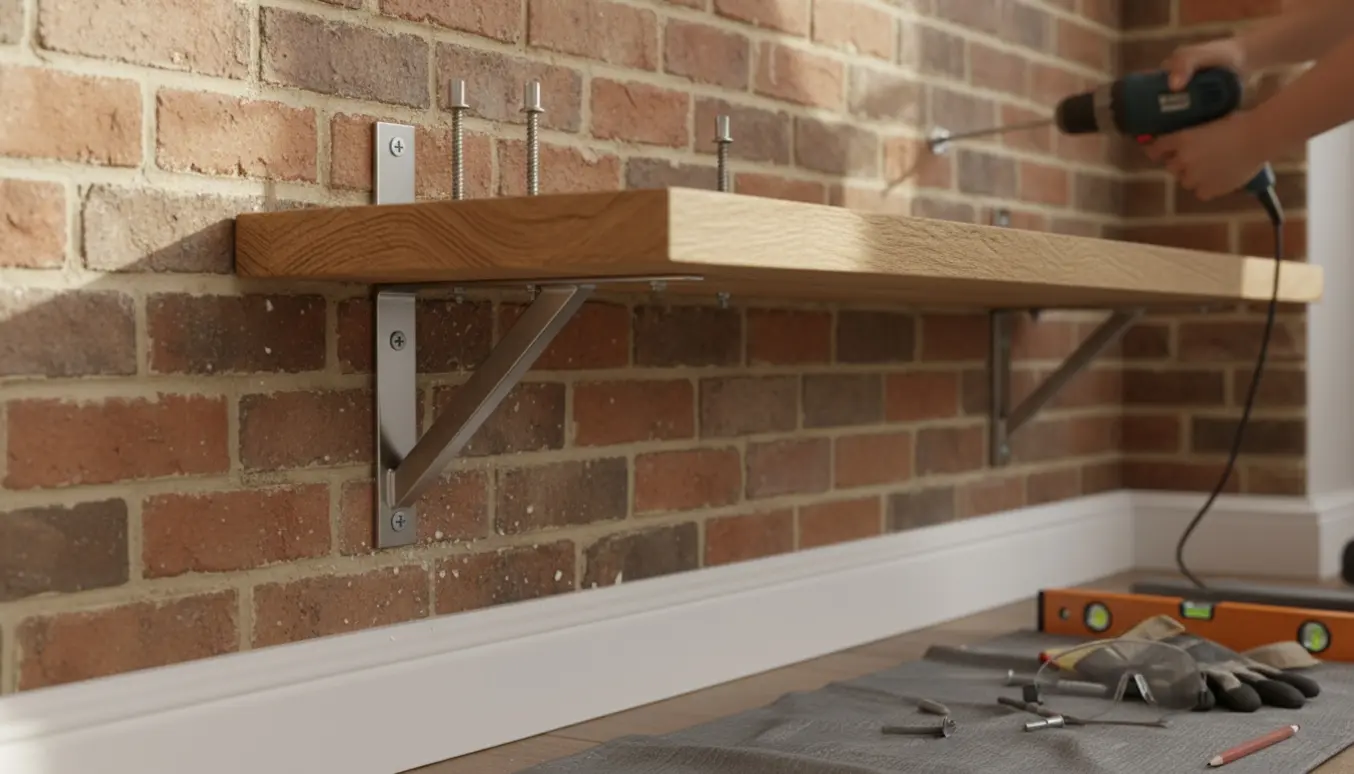 Tung træbænk monteres på murstensvæg over gulvpanel med kraftige beslag og værktøj i forgrunden.