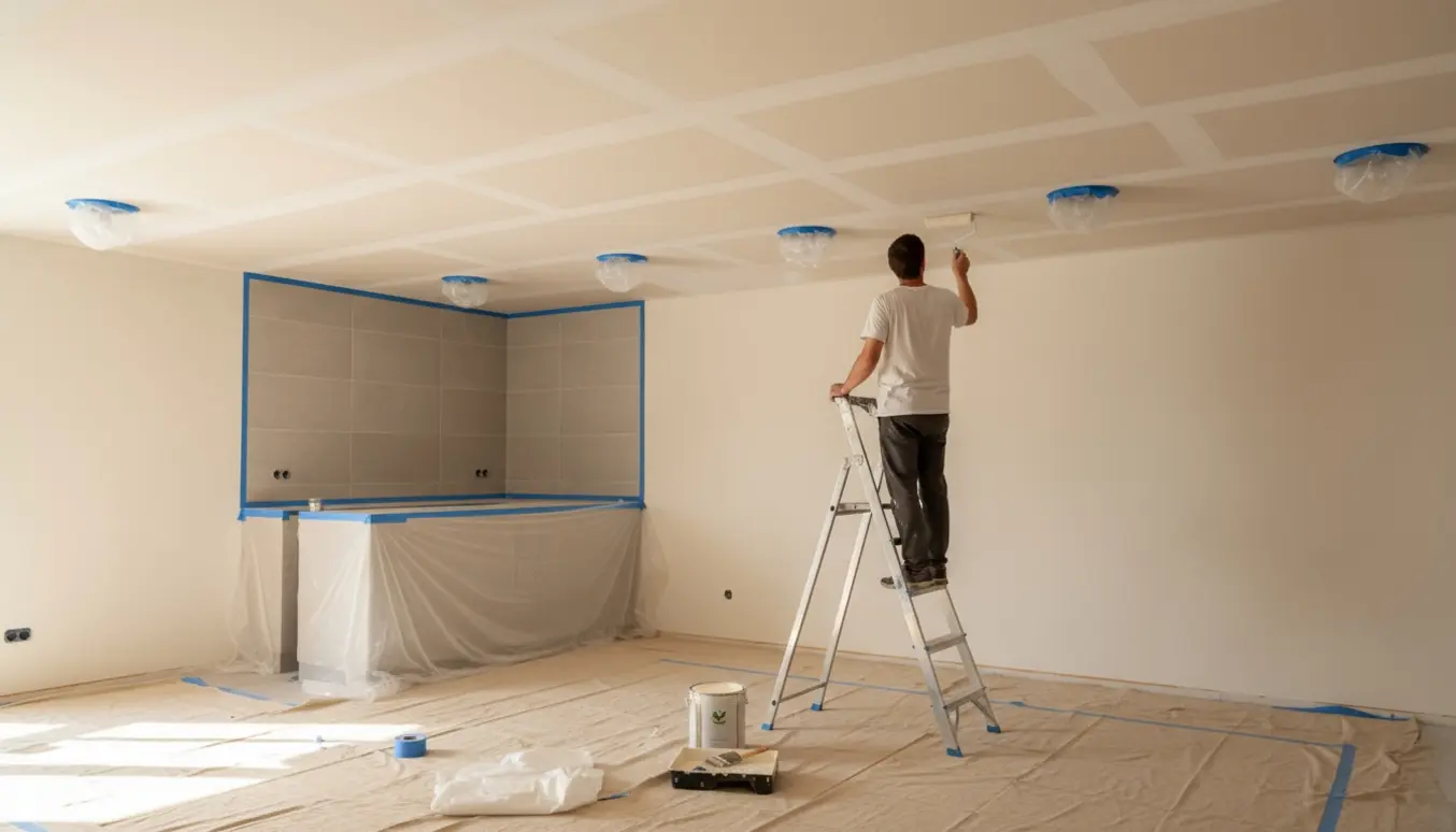 Maler på stige ruller varm knækket hvid maling på et pladeloft med afdækkede spots og afdækning på gulvet.