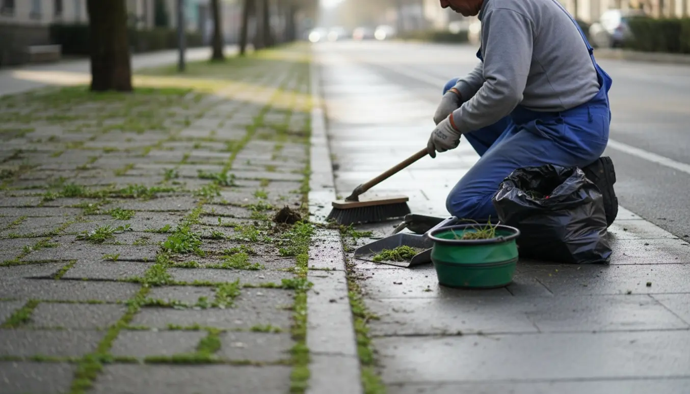 Arbejder fjerner ukrudt fra et 1,5 m bredt fortov med skraber, kost og sæk til bortskaffelse.