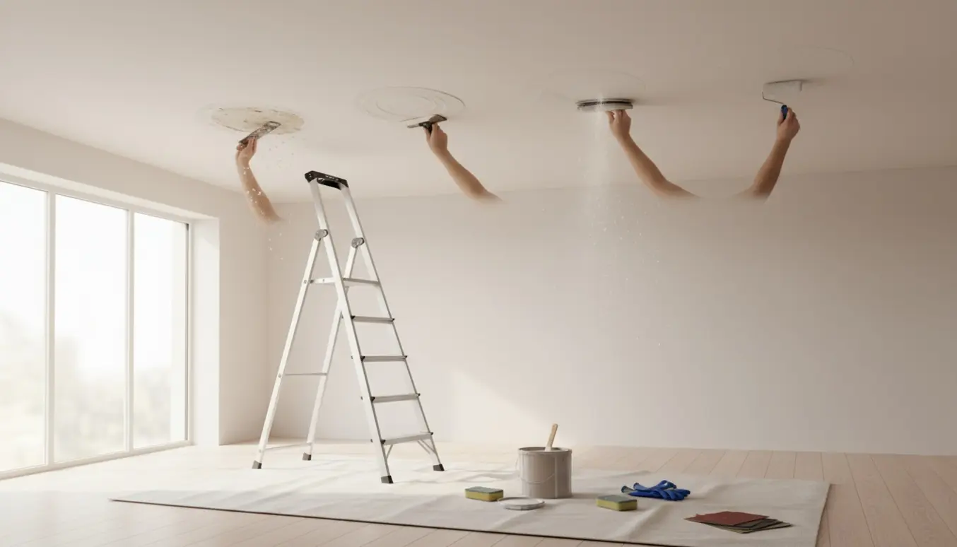 Stige og værktøj under et 3 m højt loft med fire pletter i færd med at blive løsnet, spartlet, slebet og malet.