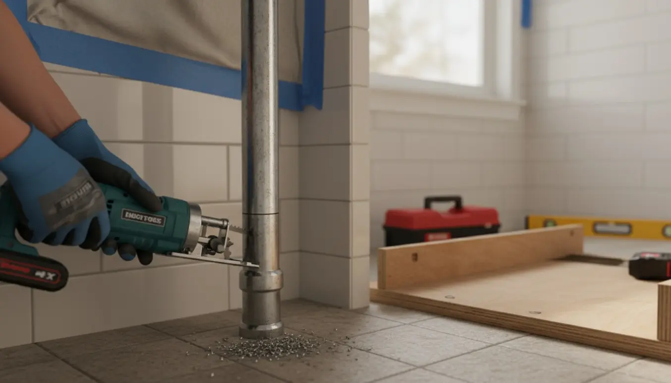 Hænder i handsker saver et lodret rør i badeværelset for at skabe plads til et badeværelsesmøbel.