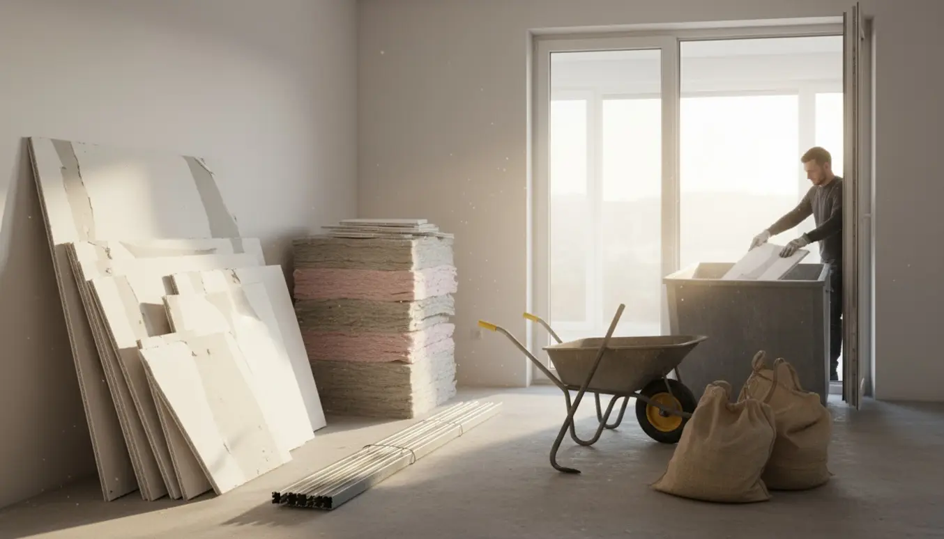 Bunke byggeaffald med gipsplader, Rockwool og stålprofiler ved en åben container i et oplyst renoveringsrum.