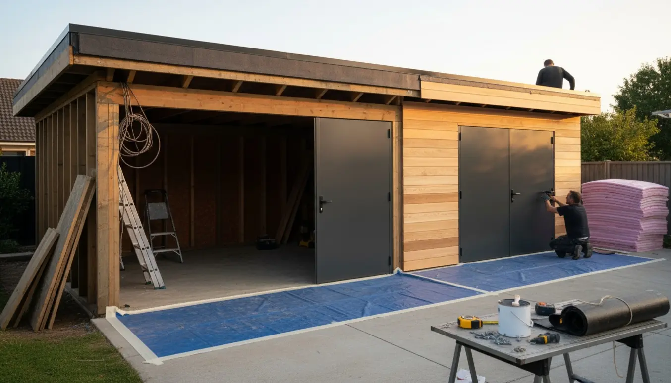 Dobbel carport under renovering med ny træbeklædning, to nye ståldøre og byggematerialer i indkørslen.