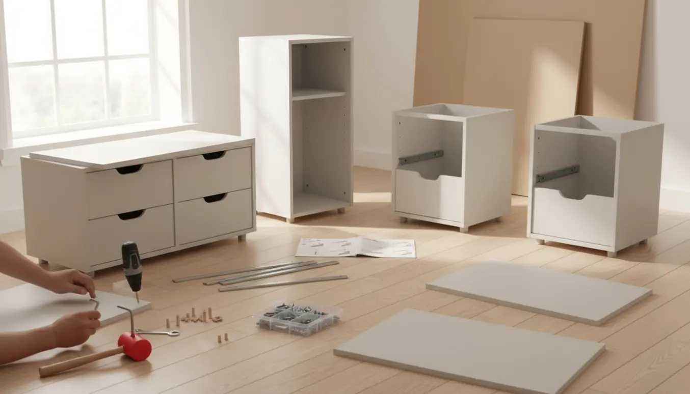 Fire IKEA-kommoder i færd med at blive samlet på et lyst, skandinavisk gulv med værktøj og dele spredt omkring.