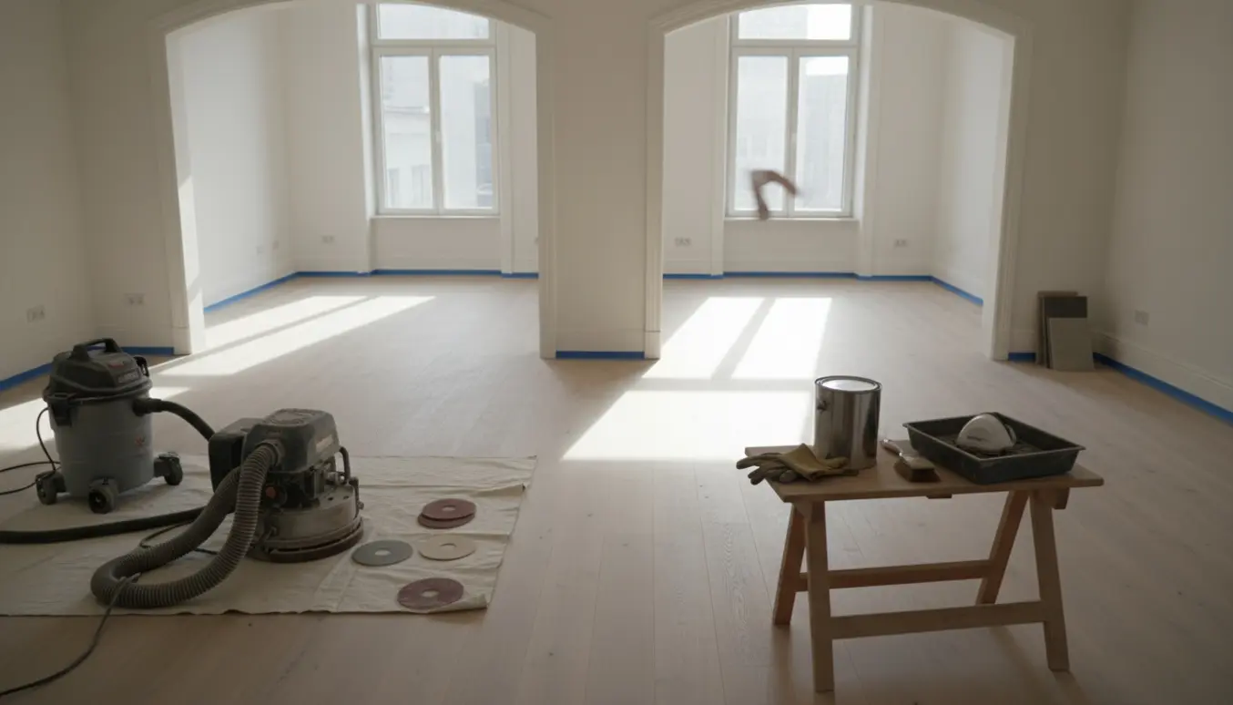 Tom lejlighed på tredje sal med to nyslebne lyse matte trægulve og slibemaskine samt efterbehandlingsudstyr i dagslys.