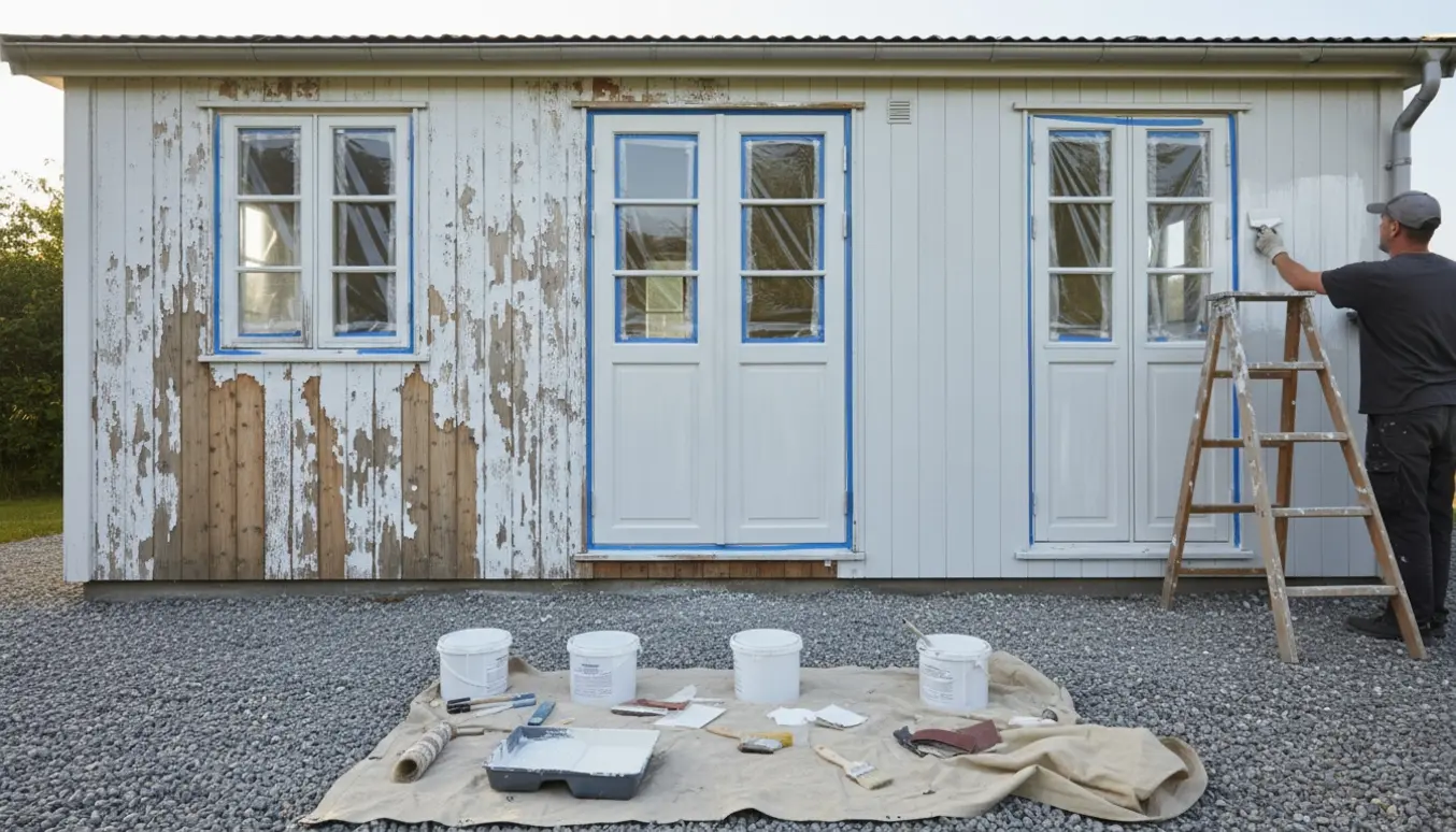 Udvendigt 35 m² sommerhus under maling med skallet træ, nymalede partier og malerværktøj i forgrunden.