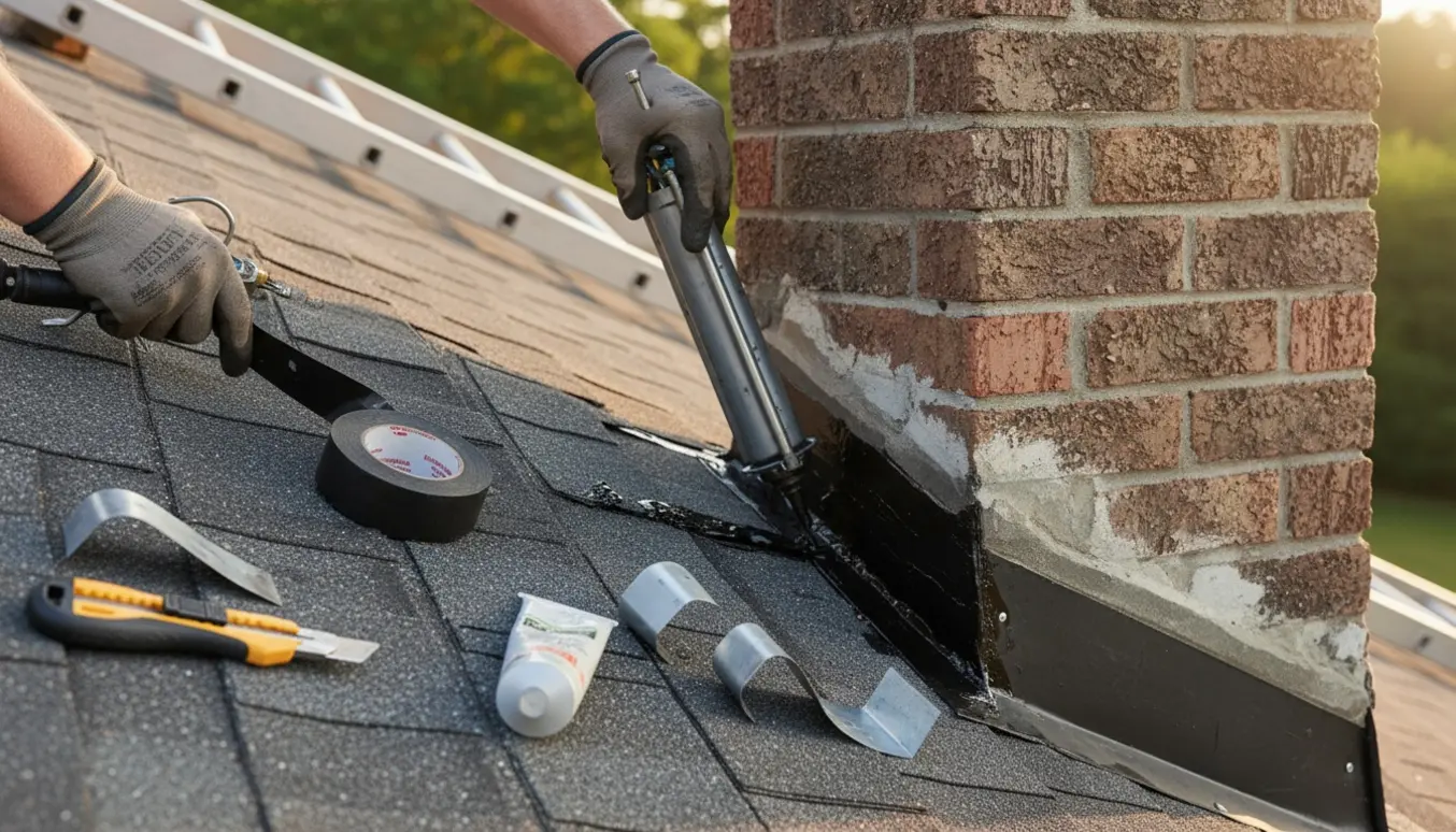 Hænder tætner skotrenden og tætner omkring en skorsten på et skråtag med værktøj ved siden af.