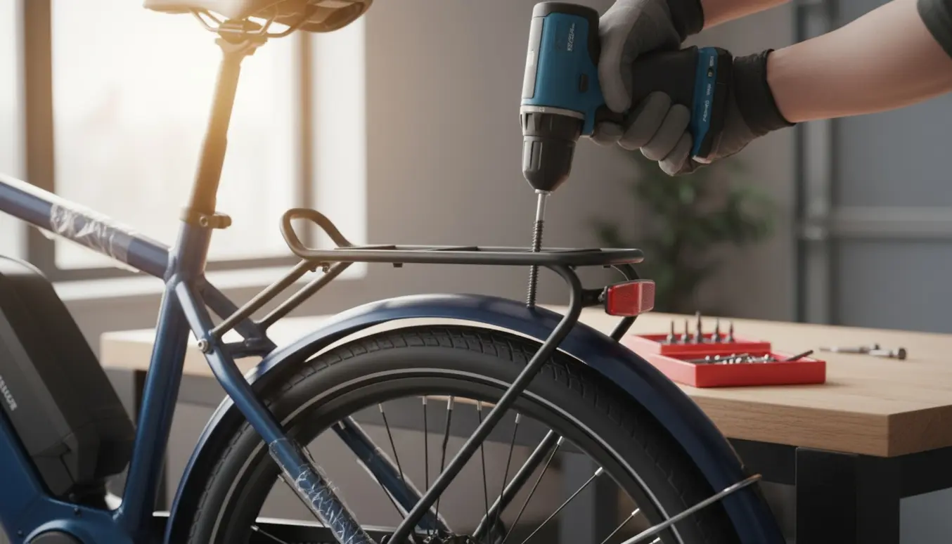 Nærbillede af en person, der spænder løse skruer på bagagebæreren på en ny elcykel med en skruemaskine og forskellige bits.