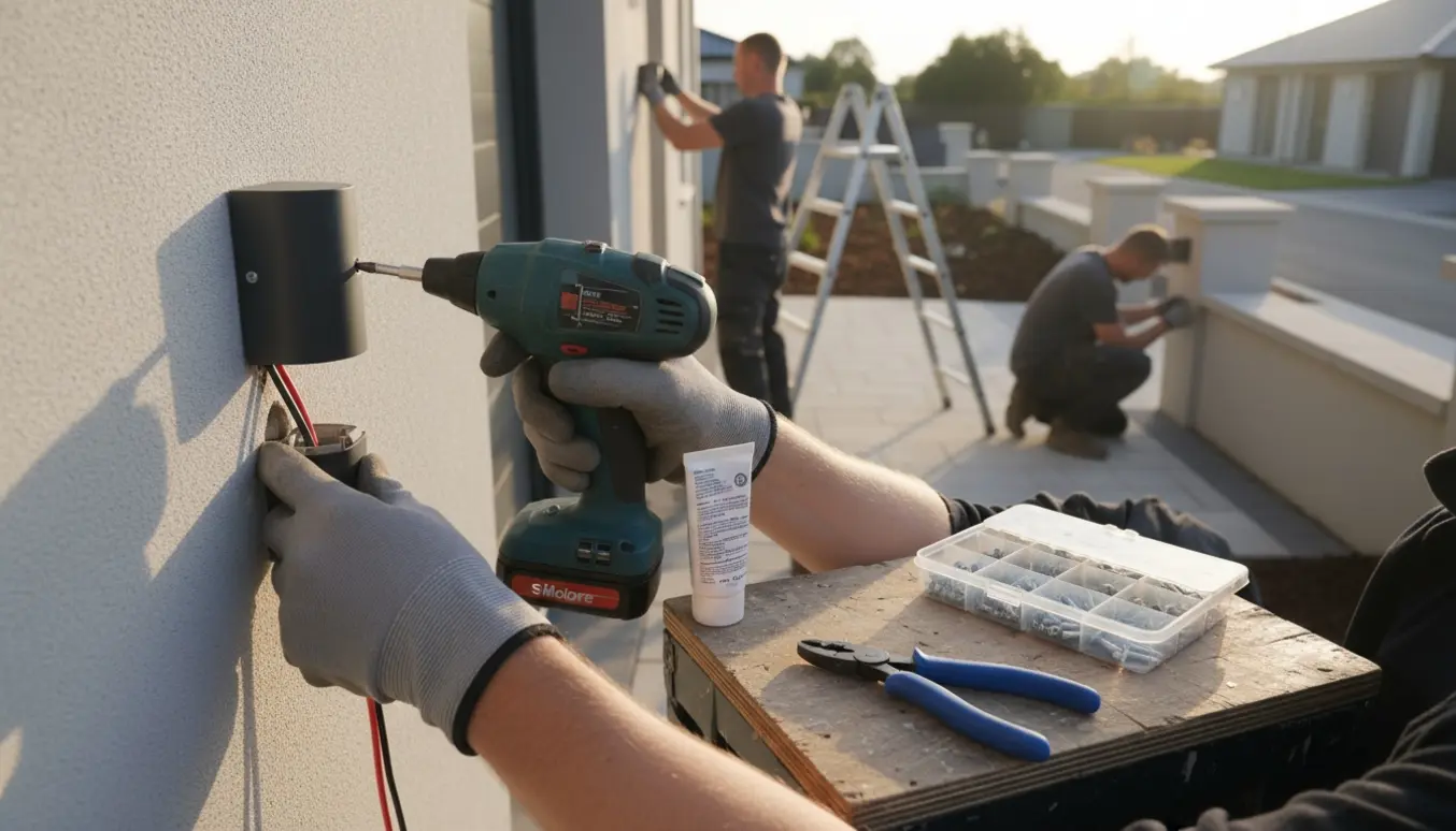 Installatører monterer fire udendørs væglamper på en nybygget husmur og indkørsel med værktøj i forgrunden.