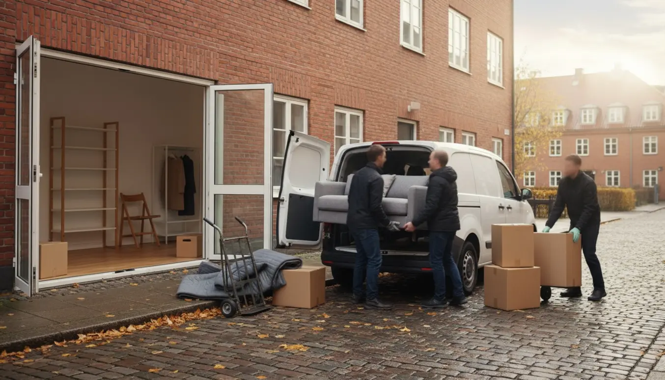 Flyttevogn uden for en lille lejlighed, hjælpere læsser få kasser og møbler i blødt efterårslys.