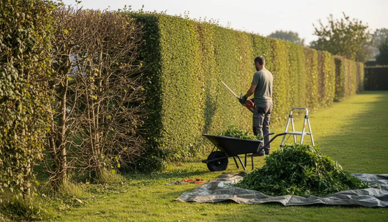 Lang hæk på cirka 2 meter klippes med en batteridrevet hækkeklipper, med afklip i en trillebør.