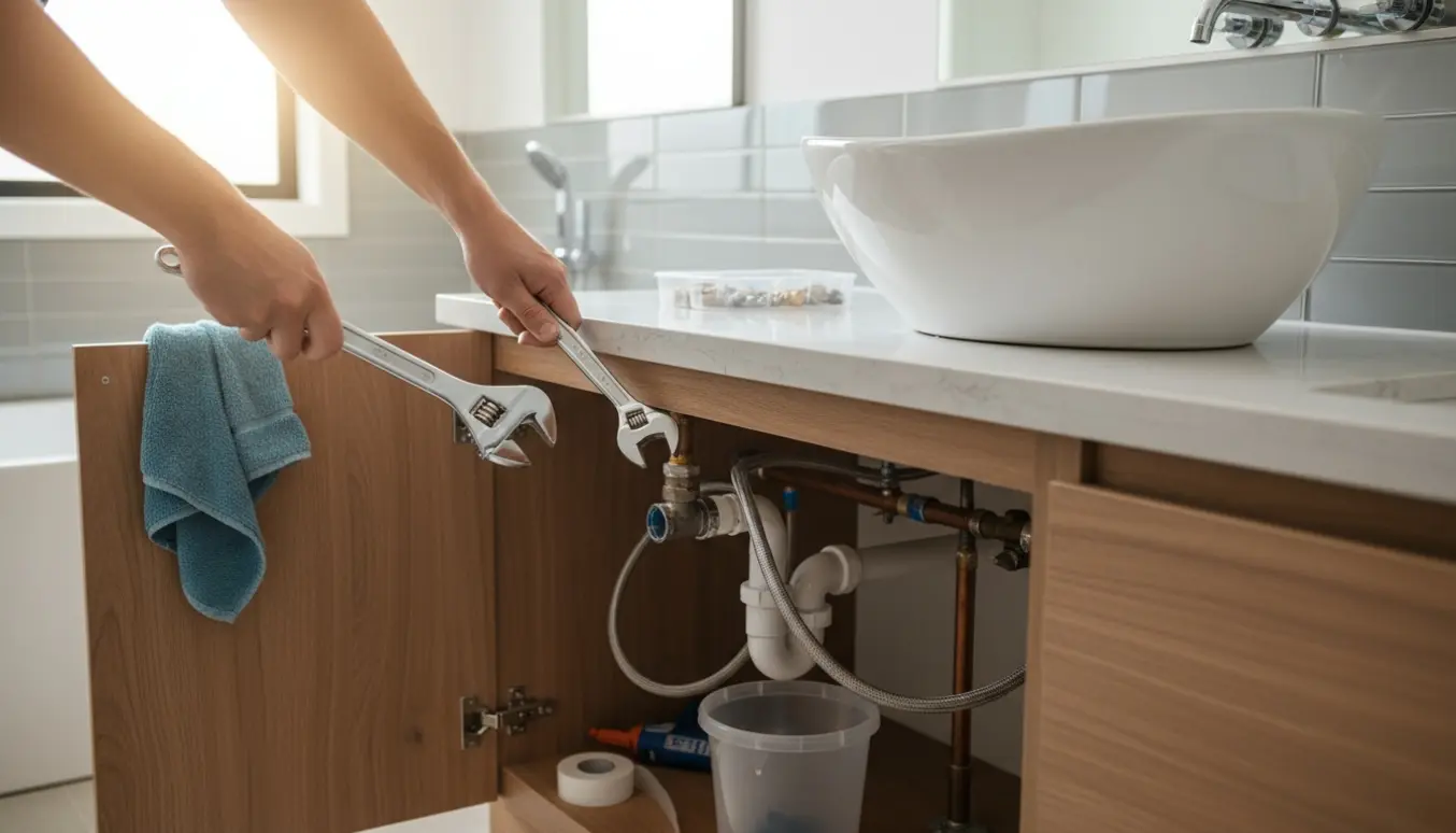 Nærbillede af hænder der afmonterer en vask fra et underskab med værktøj og en ny vask klar til montering.