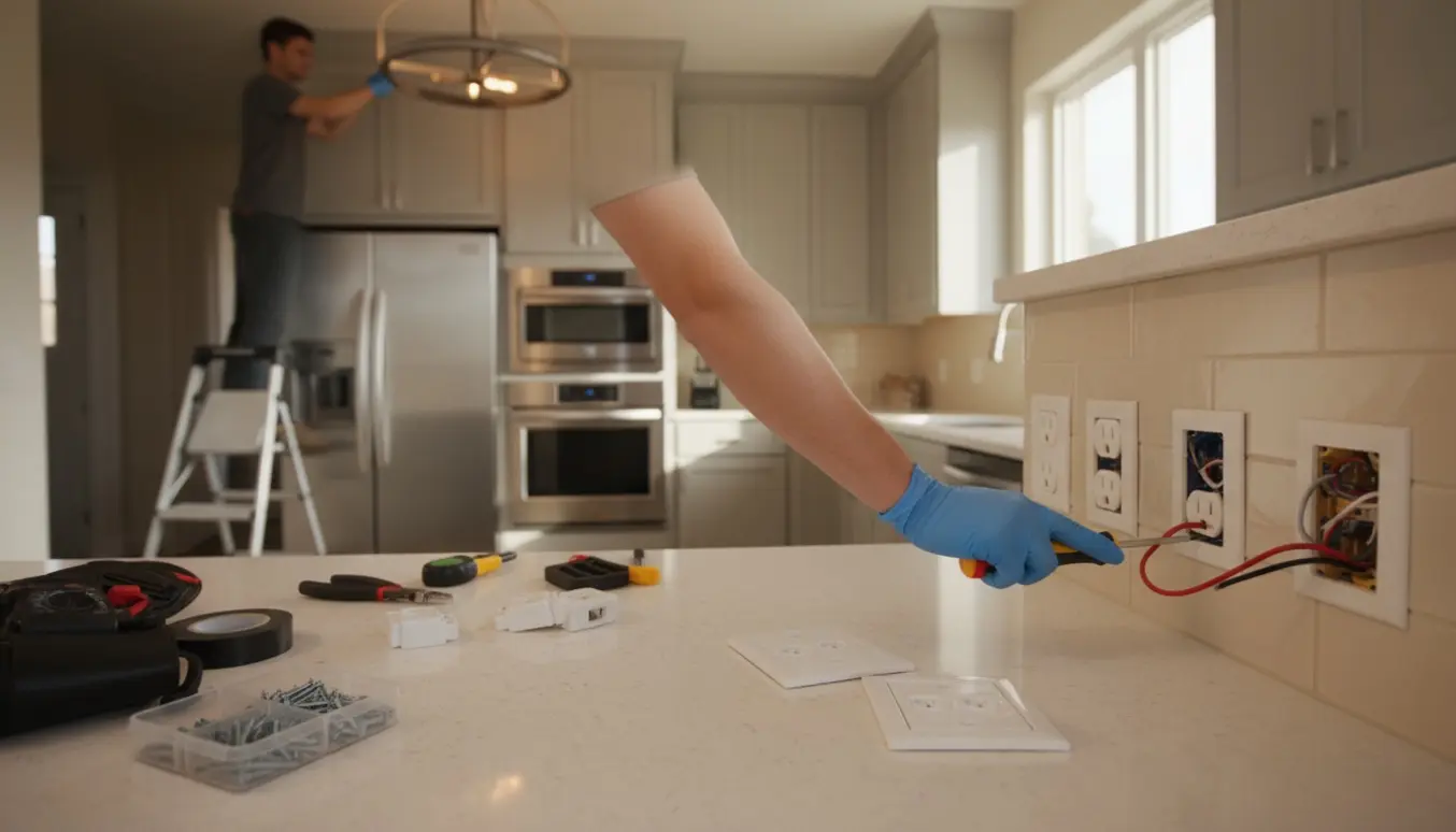En tekniker udskifter fem stikkontakter i et køkken og tjekker el med værktøj, mens loftslampen justeres.