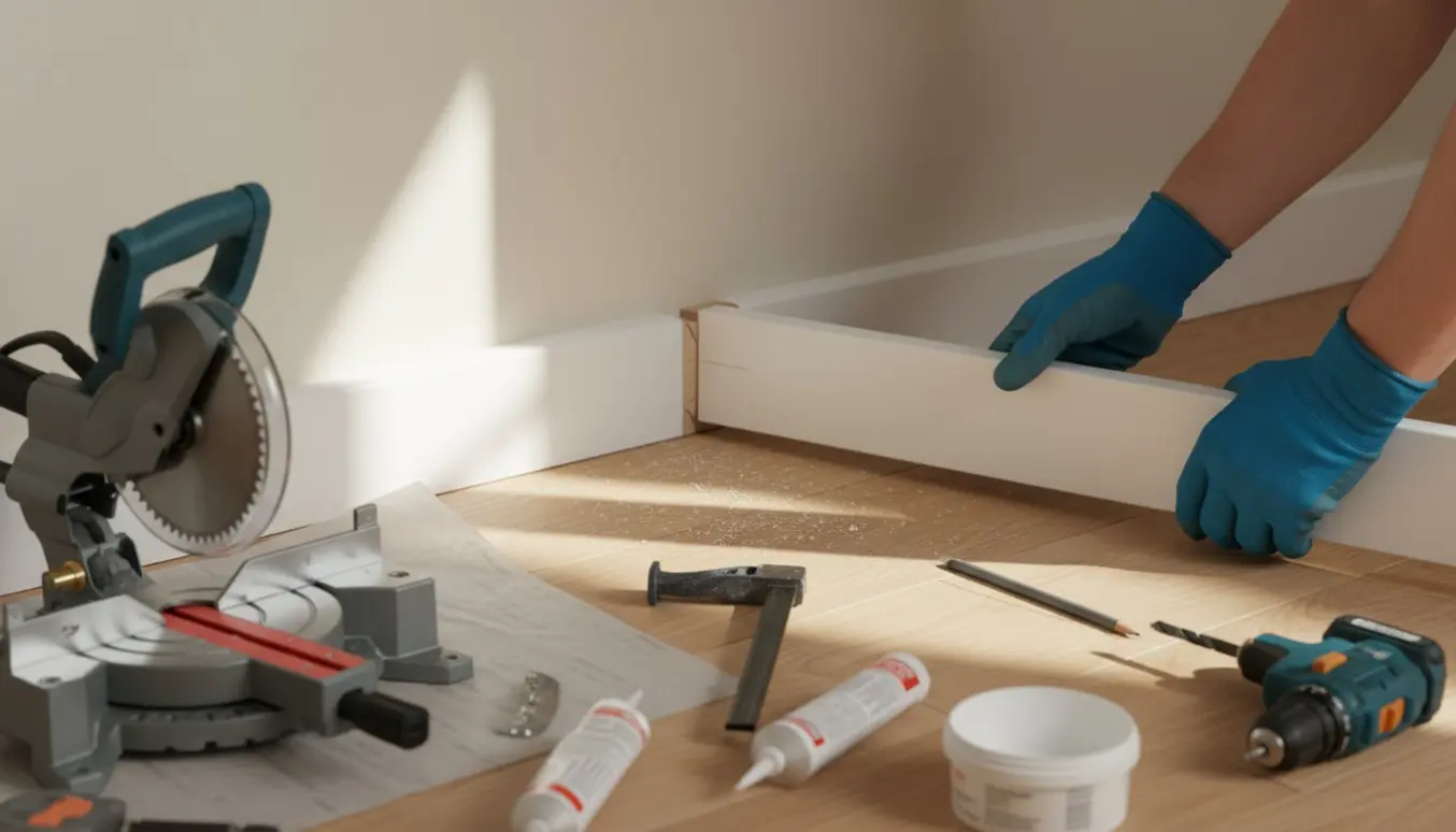 Hænder monterer og afkorter fodpanel i et hjørne med sav, målebånd og træstøv på gulvet.