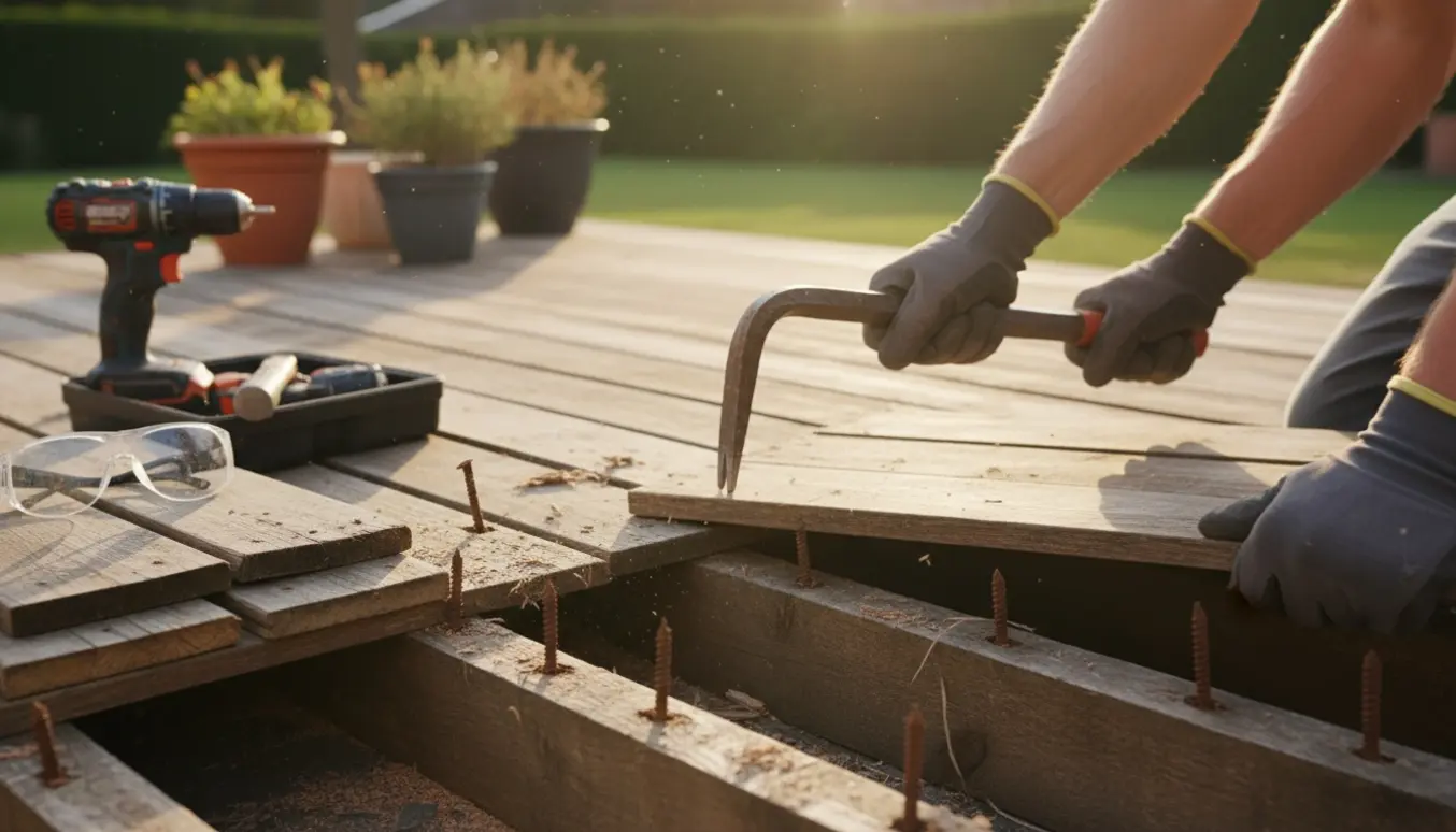 Nærbillede af hænder i arbejdshandsker, der med en kofot løfter et terrassebræt, med stakke af fjernede brædder og eksponerede bjælker.