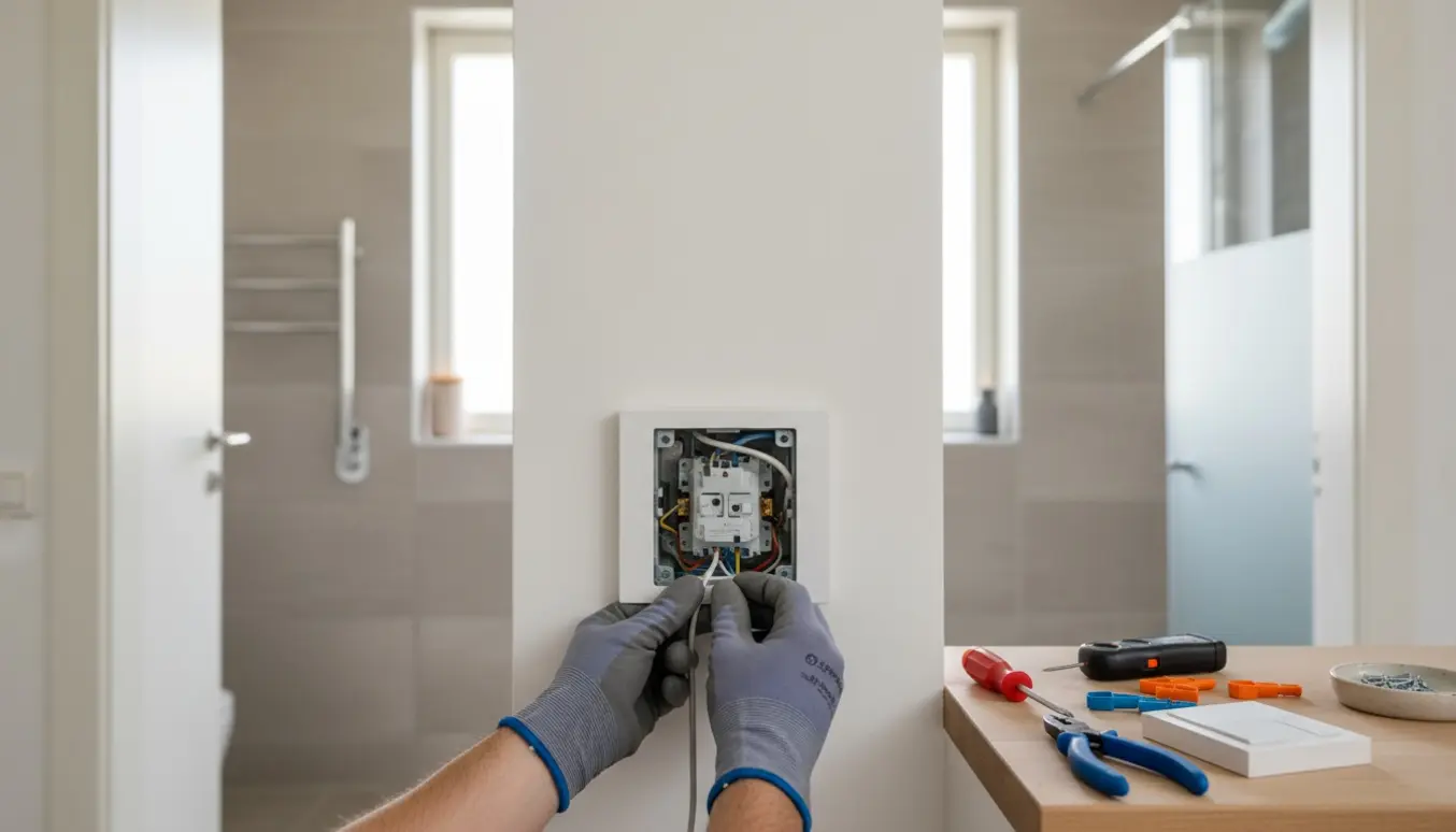 Nærbillede af hænder, der monterer en moderne dobbelt lysdæmper i væggen mellem to badeværelser.