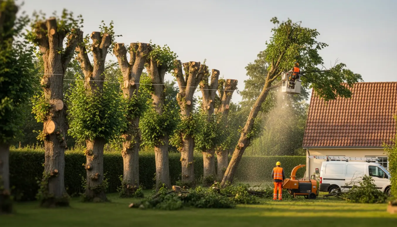 Faglært hold beskærer en række skeltræer ved et hus, med afklippede grene stablet og en flishugger i brug.