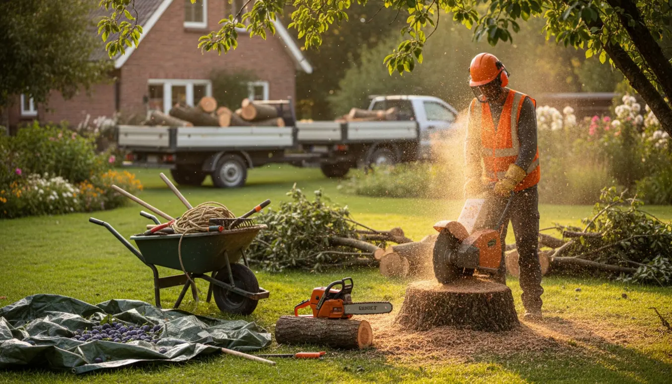 Rodfræsning og træfældning af et blommetræ og et hjertetræ i en villahave med flis og værktøj.