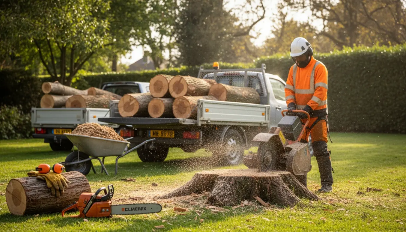 En arbejder i sikkerhedsudstyr fræser en træstub i en have med kappede stammer klar til afhentning.