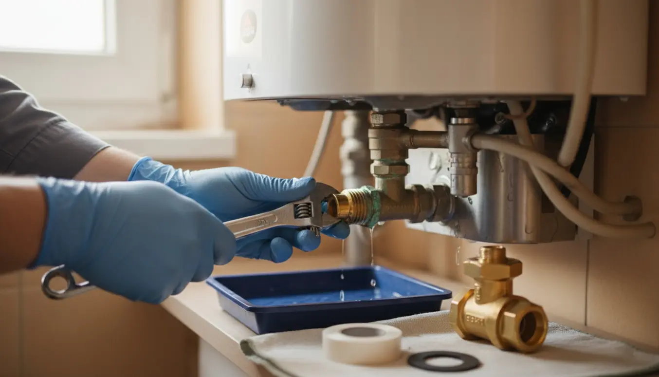Nærbillede af hænder, der udskifter en sikkerhedsventil på en varmtvandsbeholder med skiftenøgle og nye reservedele.